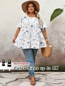 SHEIN CURVE+ 休闲简约大码衬衫，夏季女士夏季衬衫蝴蝶袖上衣花卉夏季上衣大码夏季上衣短袖夏季上衣 - 彩色 - 查看 6