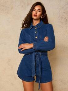 COSMINA 女式长袖腰带牛仔连体衣，复古款，秋季女装秋冬，商务休闲女装，Y2k 女装，西部女装 - 藍色 - 查看 5