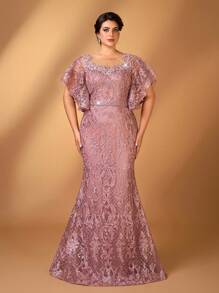 Serin Đầm mẹ dáng ôm cổ tròn thanh lịch lãng mạn cỡ lớn đính hoa trang trí tay bèo nhún viền đuôi cá - Bụi hồng - Xem 6