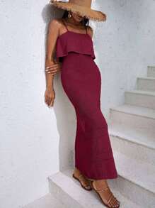 EURMUSE 女士纯色休闲/度假风无袖长裙，夏季 - 酒紅色 - 查看 5