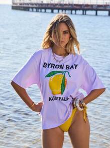 Aralina 女士超大号拜伦湾柠檬图案T恤，适合夏季度假穿着 - 淺灰紫 - 查看 1