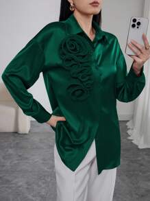 Modelyn Tricou elegant pentru femei, cu mânecă lungă, cu decor floral 3D, croială lejeră, cu umeri căzuți, design simplu, potrivit pentru primăvară și toamnă - Verde inchis - Vizualizare 7