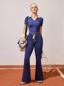 CourtClass Stitched Navy Blue & Yellow Casual Bell Bottom Pants, Versatile - Navy Blue - View 7