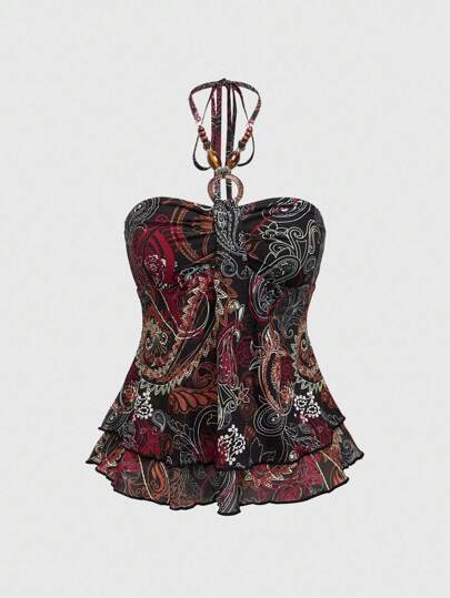Top de halter estampado de paisley con cuentas de madera de estilo hippie vintage y estilo resort para mujer