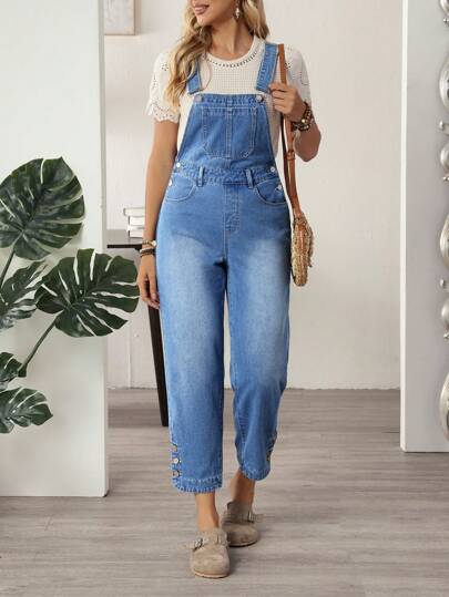 EMERY ROSE Women's Summer Pocket Casual Tapered Denim Jumpsuit Barrel Leg/Barrel-Leg Jeans
