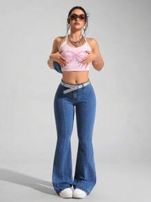 SHEIN PETITE Quần Jeans Ống Loe Skinny Thường Ngày Đa Năng Cho Nữ - Rửa trung bình - Xem 3