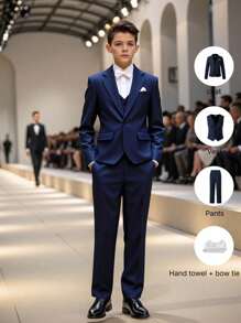 5 件青少年男孩绅士西装套装：西装外套 + 修身背心 + 西裤 + 领结 + 口袋巾，高端正装，适合生日派对、舞会、婚礼、毕业典礼 - 藏蓝色 - 查看 1