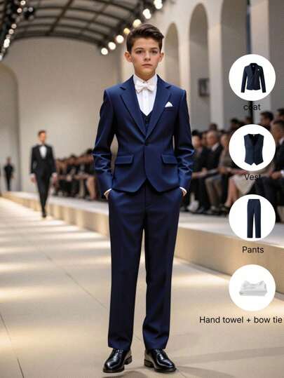 5-delat set med herrkostym för tonårspojkar: Kavaj + Figursydd väst + Dressbyxor + Fluga + Näsduk, exklusiv formell outfit lämplig för födelsedagsfest, bal, bröllop, examen