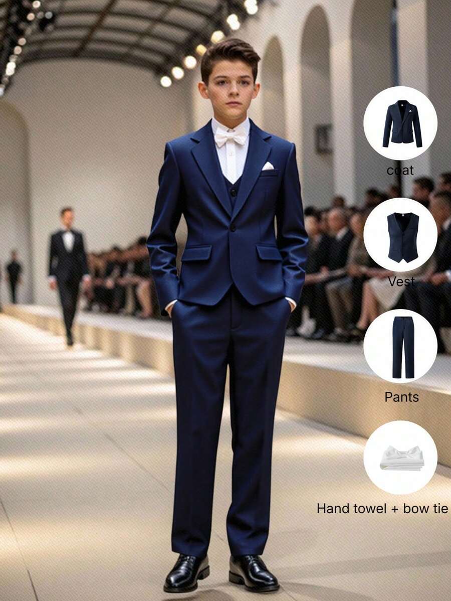 5 件青少年男孩绅士西装套装：西装外套 + 修身背心 + 西裤 + 领结 + 口袋巾，高端正装，适合生日派对、舞会、婚礼、毕业典礼 - 藏蓝色 - 查看 1