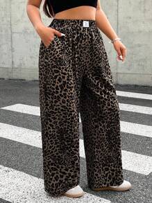 SHEIN EZwear Plus Size Women Leopard Print Woven Fabric Casual Everyday Commuting Versatile Fashion High Waisted Wide Leg Pants With Pockets, Loose Fit Leopard Print Pants Leopard Pants Animal Print Pants Pattern Pants Cheetah Pants,Fall Clothes For Women - Brown - View 6