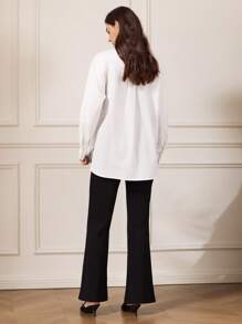 Briarwyn 女士优雅材质拼接透明提花立领衬衫女衬衫，长袖上衣女式贴花做旧透明长袖衬衫，春秋季，优雅通勤女士白色天丝花卉蕾丝拼接衬衫，商务休闲，老款服装 - 白色 - 查看 5