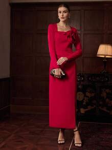 ZEYLAH 优雅长款花卉印花腰带长袖连衣裙，秋冬 - 紅色 - 查看 5