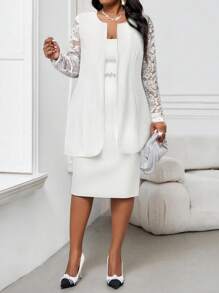 SHEIN Lady Abrigo largo de boda para invitados de estilo boho, elegante y casual, de cuello en V blanco, para mujeres de talla grande, para primavera y verano, para volver a la escuela, otoño, negocios casuales, oficina y trabajo de maestra - Blanco - Ver 3