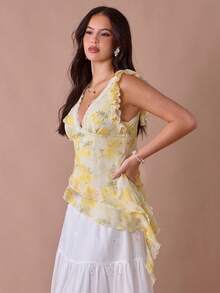 Enchnt Summer/Fall Romantic Women's Butter Yellow Lace Floral Print Asymmetric V-Neck Sleeveless Ruffle Hem Blouse - Yellow - View 6