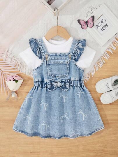 女婴休闲宽松荷叶边带口袋工装裤，带蝴蝶结装饰 + 水洗牛仔蝴蝶印花蝴蝶结工装裤，日常穿着