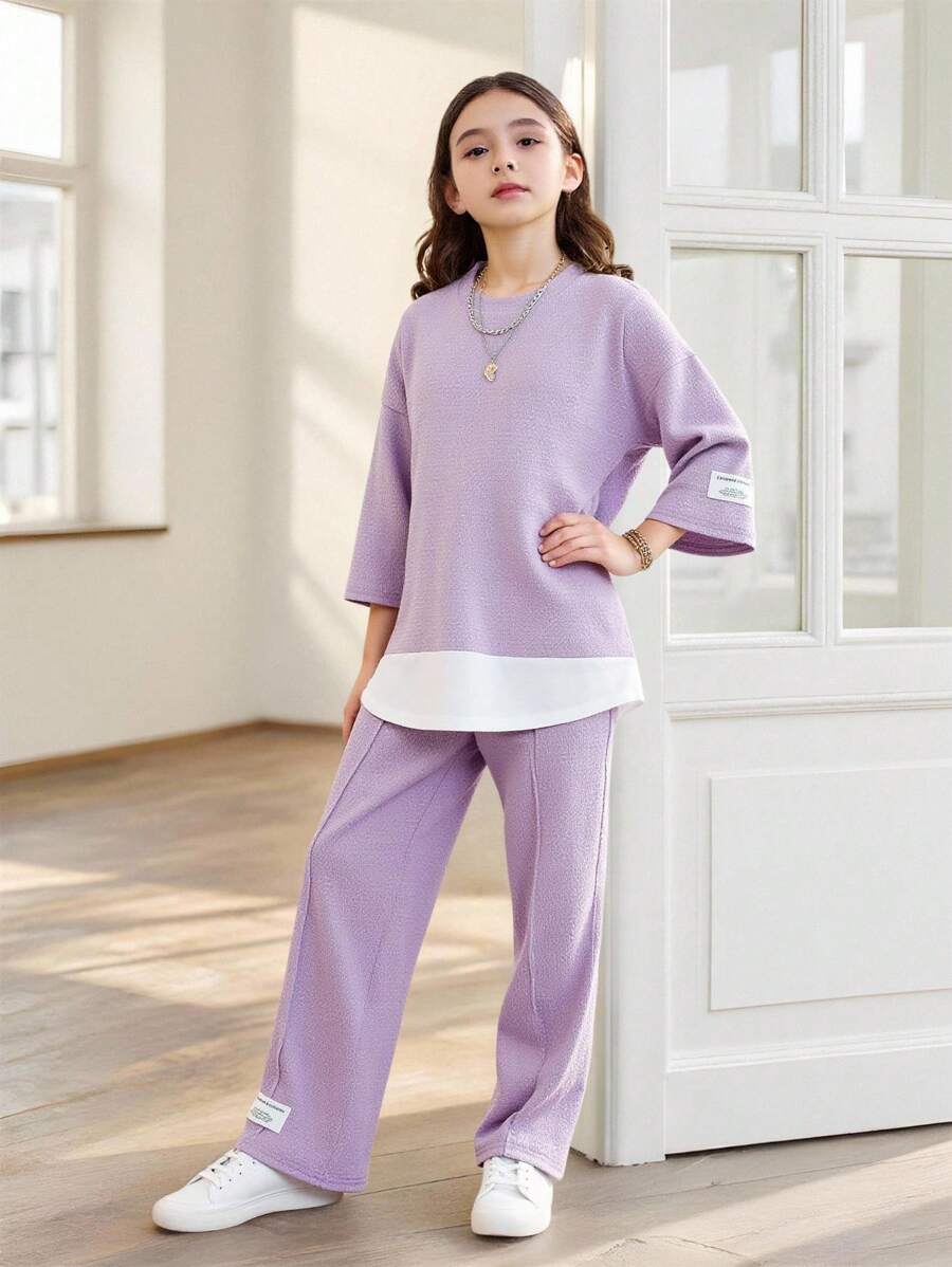 SHEIN 青少女休閒針織拼接圓領短袖上衣套裝 - 淺灰紫 - 查看 1