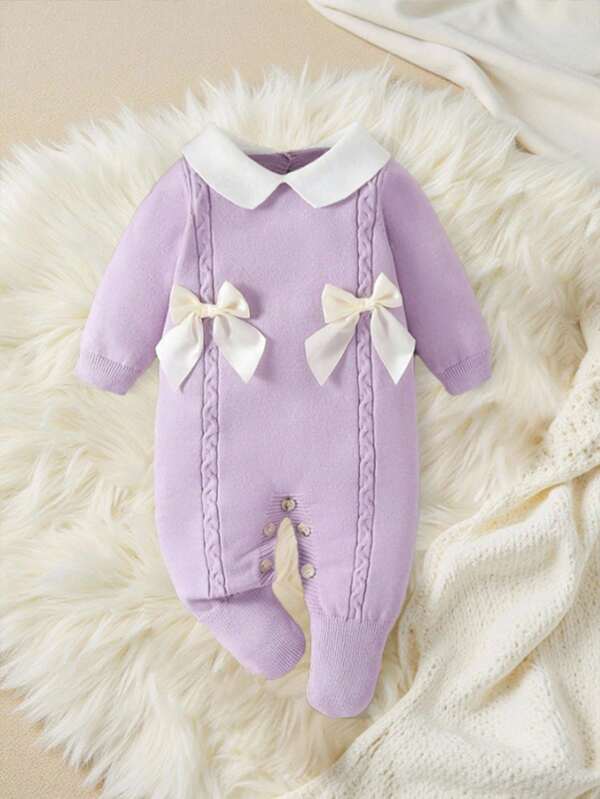 Souflis Souflis Barboteuse en tricot à col roulé pour bébé fille, manches longues, avec pieds, chaud et confortable pour l'automne/l'hiver, design nœud tricoté à la main, élégant et tendance, convient pour le port quotidien, la maison, la sortie et les voyages, couleurs jaune et jaune clair
