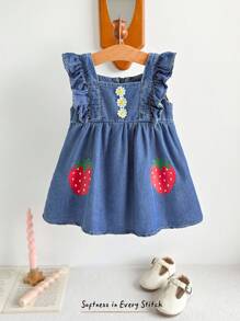 Cozy Pixies Baby Girl Strawberry Print Square Neck Ruffle Hem Sleeveless Waist Cinched Dress - Blue - View 7