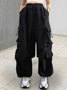Flirla Plus Size Drawstring Pocket Loose Fit Daily Casual Black Cargo Pants Fall Cloth For Women