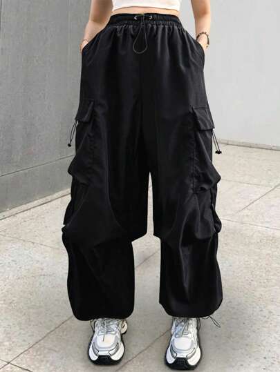 Flirla Plus Size Drawstring Pocket Loose Fit Daily Casual Black Cargo Pants Fall Cloth For Women
