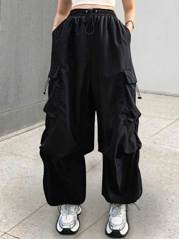 Flirla Plus Size Drawstring Pocket Loose Fit Daily Casual Black Cargo Pants