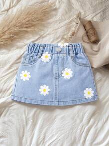 SHEIN Vintaside Kids 嬰兒女孩花卉印花紙袋腰牛仔裙