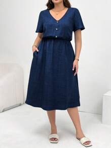 SHEIN Essnce Vestido casual de verano holgado y cómodo para mujer de talla grande, de longitud media con bolsillos, cuello en V, mangas cortas, estilo europeo de verano, adecuado como atuendo de maestra, vestido sencillo