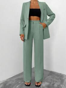 SHEIN Conjunto de chaqueta y pantalones de mujer con cuello de chal de unicolor y manga larga