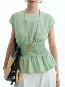 Aalyst Women's Casual Round Neck Waisted Solid Color Versatile Bat-Wing Short Sleeve Blouse, Spring/Summer