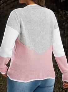 EMERY ROSE Große Größen V-Ausschnitt Muschel Besatz Farbblock Lässiger Langarm Pullover Für Frauen V-Ausschnitt Pullover Farbblock Pullover Herbst, Winter, Rückkehr zur Schule, Lehrerin, Ausgehen Oberteile - Verschiedenfarbig - Übersicht 2