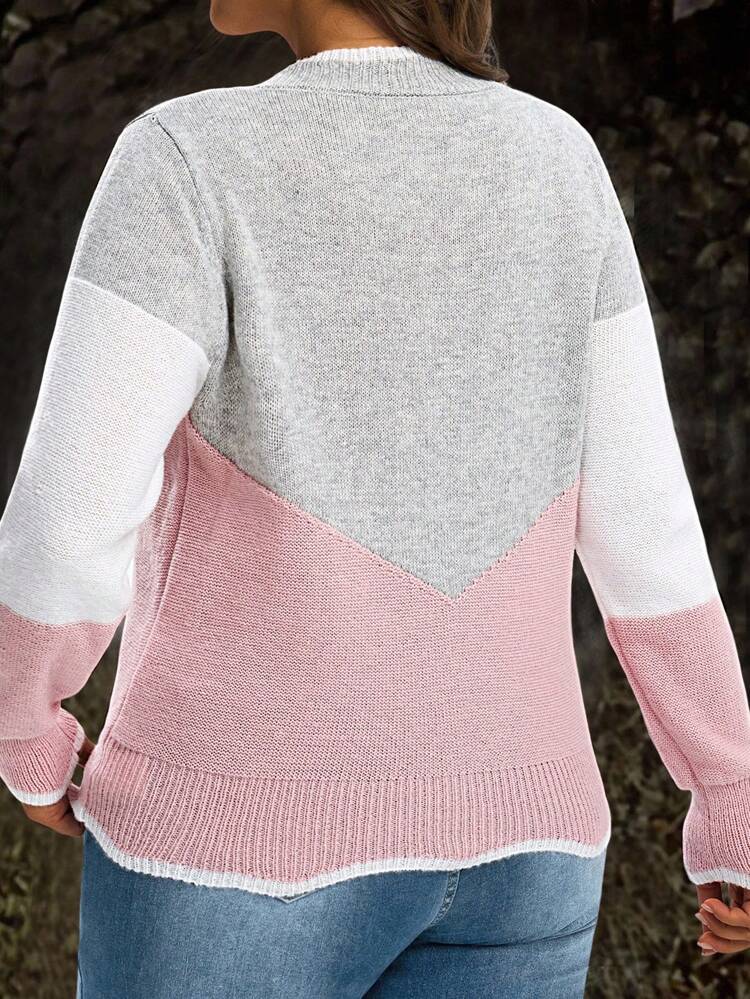 Plus Size V-Neck Seashell Trim Color Block Casual Long Sleeve Pullover Sweater Pullover For Women V Neck Sweater Color Block Sweater Fall,Autumn,Fall Plus Size,Winter,Back To School,Teacher,Going Out Tops