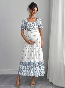 Momance Pregnant Women Square Neck Fitted Waist A-Line Short Sleeve Dress