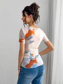 Momance Camiseta de maternidad de manga corta con cuello cuadrado, impresión digital y doble capa con plisado en el busto - Multicolor - Ver 2