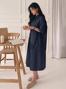 DAZY Vestido-camisa holgado de manga corta de longitud media para mujeres