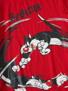 LOONEY TUNES X SHEIN 青少年男孩卡通猫咪印花圆领短袖 T 恤，夏季 - 紅色 - 查看 4