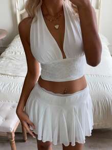 SHEIN EZwear 2件套优雅网眼拼接蕾丝吊带衬衫和迷你裙 - 白色 - 查看 6