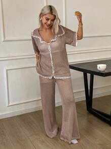 DAZY 2pcs Women Contrast Color Lace Splice Loose Fit Short Sleeve Pajama Set - Beige - View 4