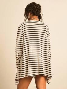 Freevana 大码休闲宽松条纹长袖开衫，百搭日常穿着 - 黑與白 - 查看 3