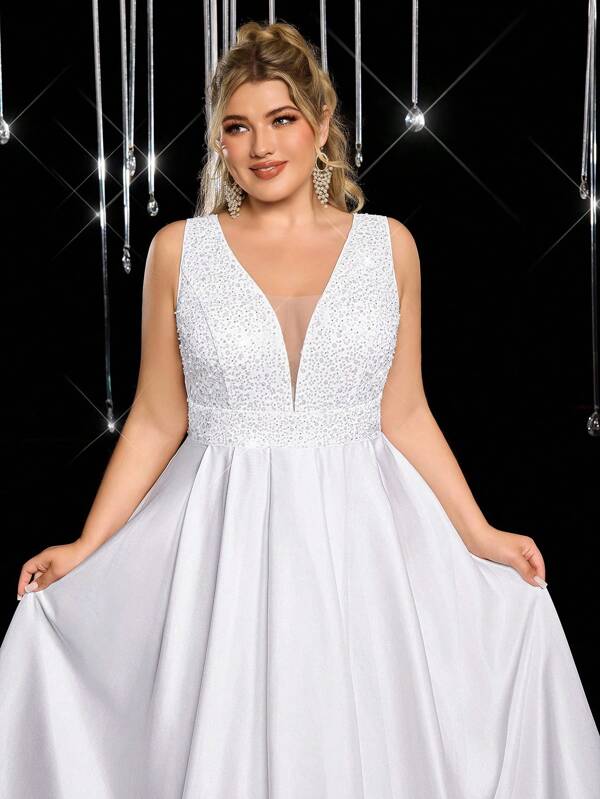 Glamrae Plus Size Elegant Romantic White V-Neck Luxury Beaded Satin Wedding Dress With Huge A-Line Silhouette And Train, Bridal Gown