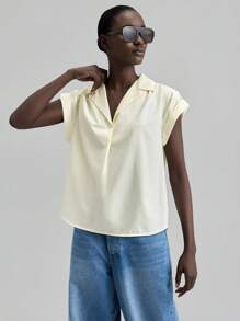Ontre 2025 Nouvelle blouse à manches courtes boutonnée minimaliste de couleur unie, convenant pour les vêtements d'automne pour femmes, la fête de l'indépendance américaine, les uniformes scolaires, le style des années 2000 pour femmes, les femmes de la campagne, les enseignantes, les fêtes - Jaune citron - Voir 4