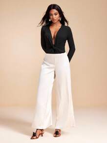 MIRENZI Black Knit Jersey Front Twist Long Sleeve Low-V Sexy Bodysuit Women Summer Vacation Casual - Black - View 1