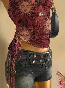 Attitoon Red Sun God Inspired, Bohemian Style, Fall Women's Clothing, Western Influence, Punk Rock Inspired, Y2K Punk Aesthetic, Music Festival Fashion, Boho, Beach Style, Summer Miami Girl Vibe, Women's Ruched Tie Front Crop Top Celestial Dress Boho Sun Dress Witchy Clothes Boho Hippie Clothes For Women,Back To School Goth Suitable For Going Out - Multicolor - View 4