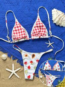 Swim Mod Fruit Checkered Print Sweet Holiday Bohemian Style Women's Bikini Set For Summer Beach Vacation - Multicolor - View 1