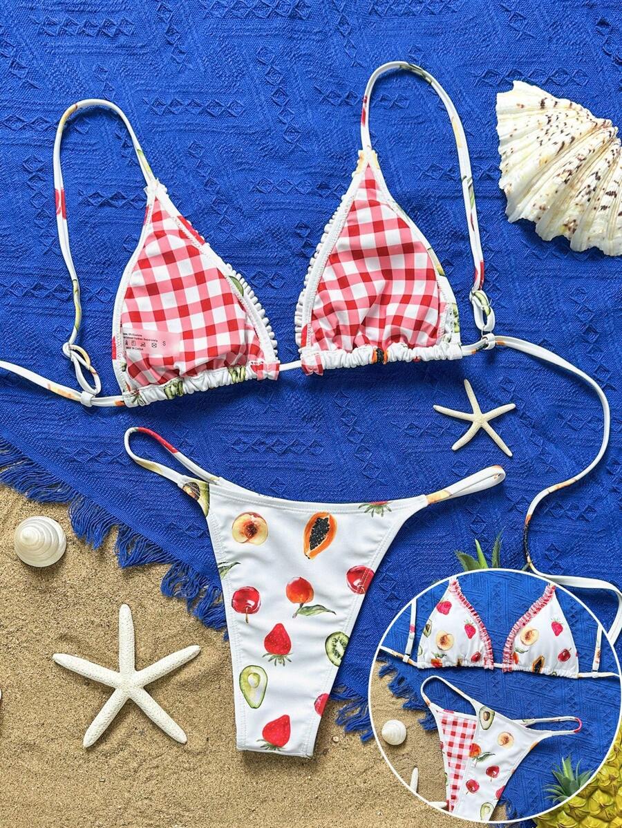 Swim Mod Fruit Checkered Print Sweet Holiday Bohemian Style Women's Bikini Set For Summer Beach Vacation - Multicolor - View 1