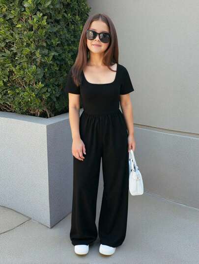 Firerie Kids Firerie Kids 青少年女孩休闲短袖方领纯色罗纹针织连体裤，搭配直筒裤，高弹力，舒适