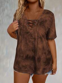 Plus Tie Dye Lace Up Front Tee Graphic Tees Women Tops - Multicolor - View 5