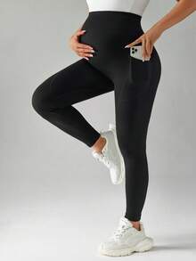 SHEIN Maternity Solid High Waist Seamless Leggings - Black - View 4