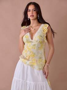 Enchnt Summer/Fall Romantic Women's Butter Yellow Lace Floral Print Asymmetric V-Neck Sleeveless Ruffle Hem Blouse - Yellow - View 4
