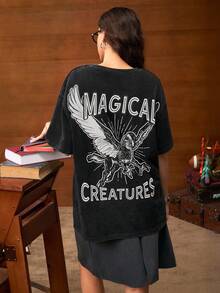 HARRY POTTER X SHEIN 女士休闲街头风格宽松动物和字母印花落肩水洗 T 恤，不含领带衬衫 - 黑色 - 查看 5