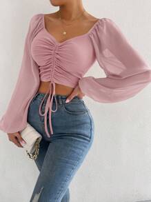 SHEIN Allurite Calvaya 女士休闲纯色灯笼袖抽绳短款上衣褶饰上衣透明长袖短款上衣，女装，秋装，秋季服装，女士可爱上衣，女士机场，旅行机场，机场，机场女士。收腰上衣系带上衣 - 粉色 - 查看 5